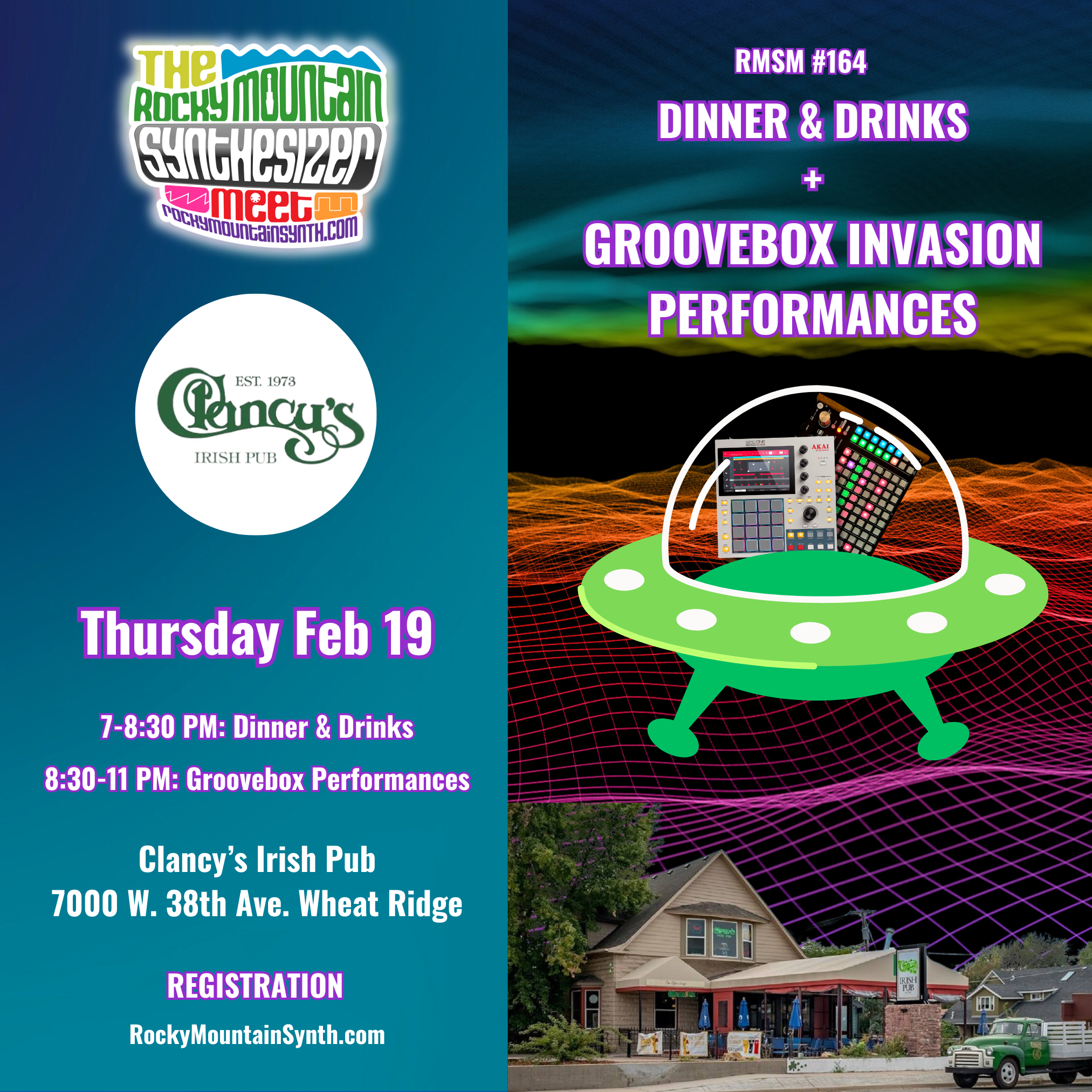RMSM #164 – Dinner & Drinks + Synth Groovebox Invasion Performances at Clancy’s Irish Pub